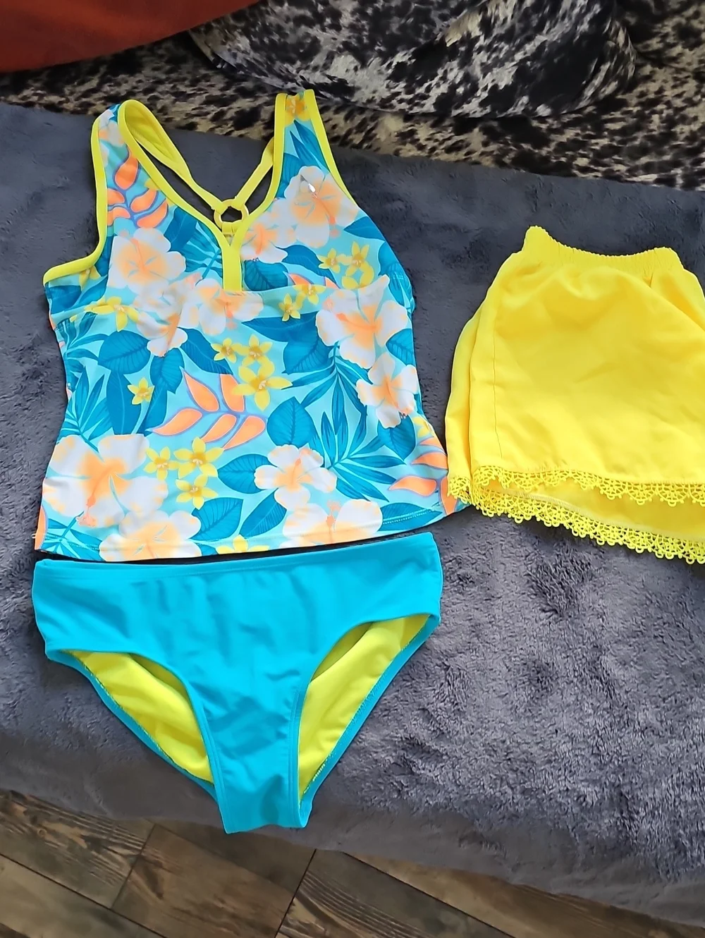 Girls' Tropical Floral Tankini Swim Set with Yellow Skirt